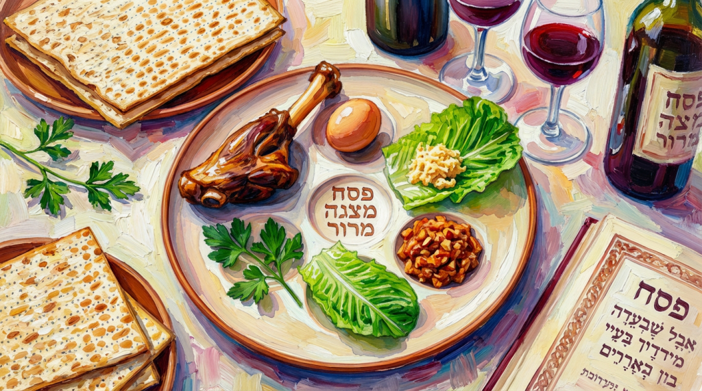 A ceramic Seder plate with symbolic foods, stacks of matzah, wine, and a Haggadah.